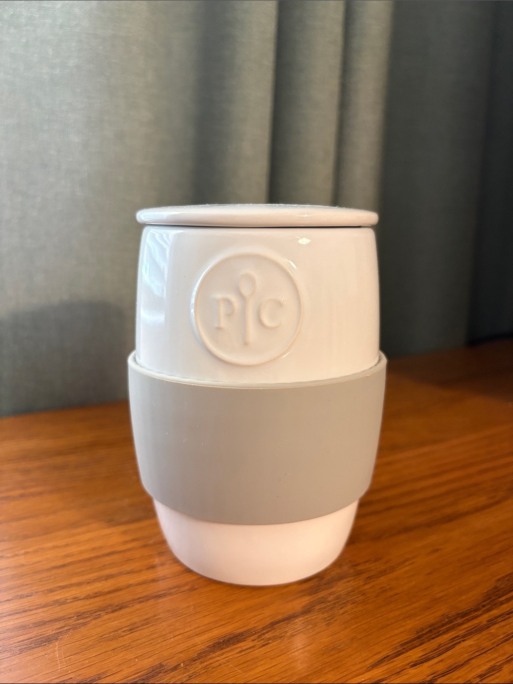 Pampered Chef White Ceramic Cup with Gray Silicone Grip